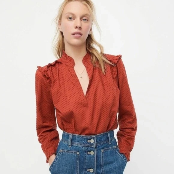 ✨NWT✨ J.CREW Ruffle Trim V Neck Popover in Clip Dot Classic Sky (Blue) Sz S - Picture 2 of 8